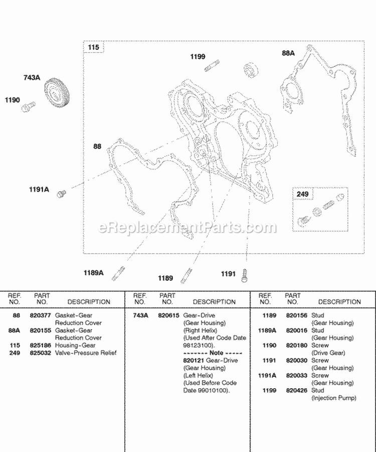 Gear Housing Diagram and Parts List for 432447-0105-E2  Briggs and Stratton Engine